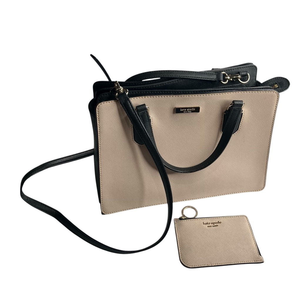 Kate Spade Satchel Bag Beige Black Leather Top Handle‎ Crossbody Card Holder Set